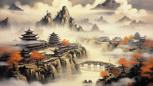 中国画千里山水背景图片