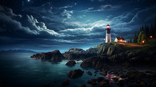 岛屿度假夜景海边的灯塔插画