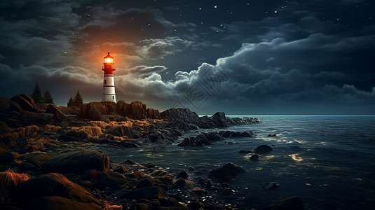 海岛夜景岛屿上的灯塔插画