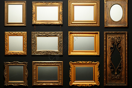 金色镶嵌镜子的古董相框背景图片