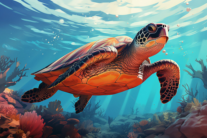 海龟在海洋中游泳图片