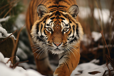 雪中行走的老虎背景图片