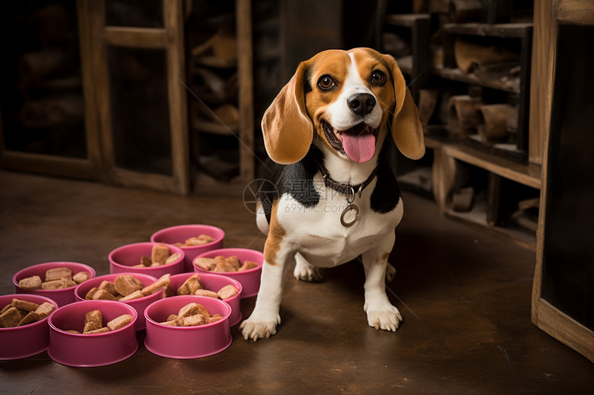 在粉色碗旁的小狗图片