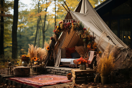 秋天森林里的帐篷图片