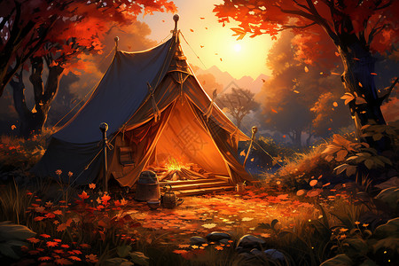 温暖的露营温暖的帐篷插画