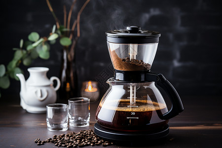 咖啡过滤器冒着蒸汽的咖啡机背景