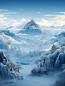 河流结冰独特的雪山风景插画