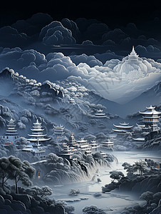 云绕雪山顶雪山中的建筑插画