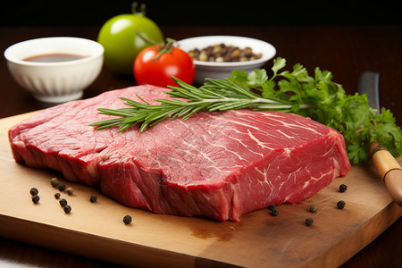 一块肉放在切菜板上图片