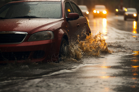 汽车雨水充满雨水的街道背景