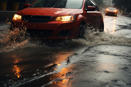 汽车雨水行驶在雨水中的汽车背景
