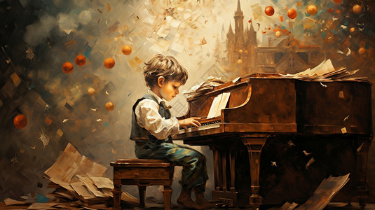 儿童弹钢琴弹钢琴的小男孩插画