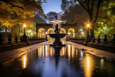 夜晚的中央公园喷泉背景图片