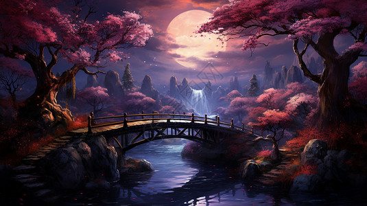 美丽的山水弯拱桥插画
