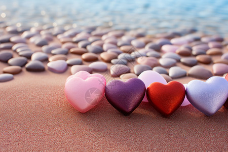 心型荷包海滩上的心型装饰品背景