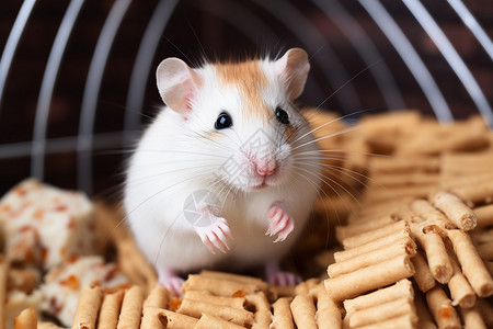 吃东西的动物可爱的仓鼠在实验室里吃东西。背景
