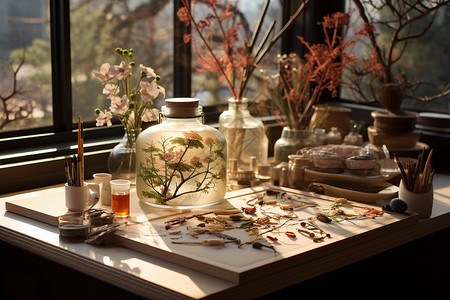 桌上的花瓶景色背景图片