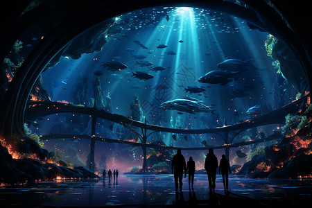 大型水族馆参观者背景图片