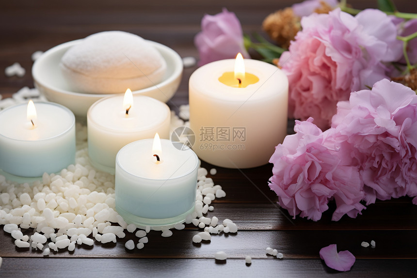 桌面上的花束和蜡烛图片