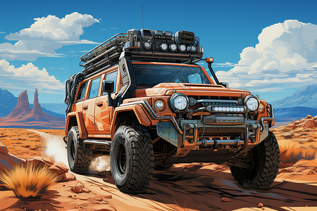 橙色吉普车汽车沙漠中行驶的车插画