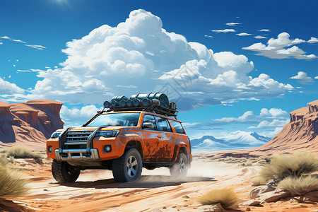 沙漠中的车沙漠中行驶的汽车插画