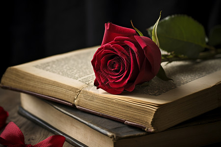 鲜红玫瑰花鲜红的花束中的书籍背景