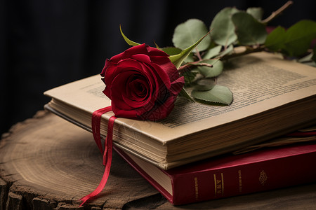 书本上放着鲜红玫瑰背景图片