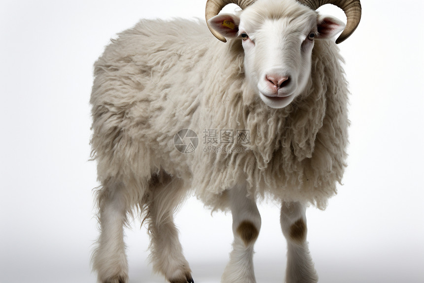 白色绵羊立于白背景前图片