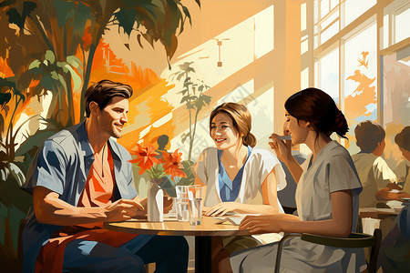 医院餐厅上的热闹聚会背景图片