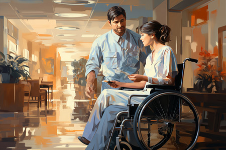 护士推着轮椅上的病人背景图片
