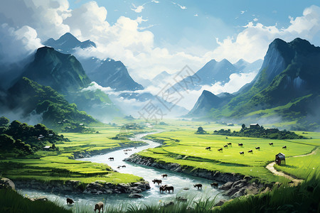 牛羊牧场草地上的牛羊和远山风景插画