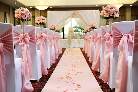 仪式典礼椅子上的蝴蝶结和鲜花装饰背景