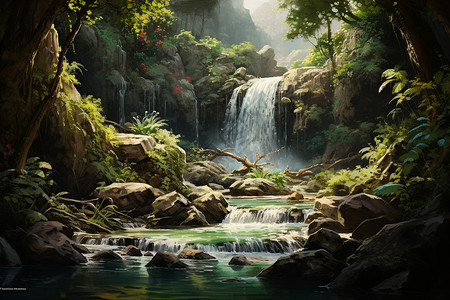 溪水瀑布美丽的森林风景插画