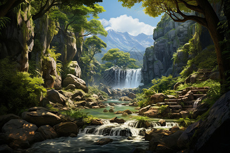 溪水潺潺自然环境的面料瀑布插画