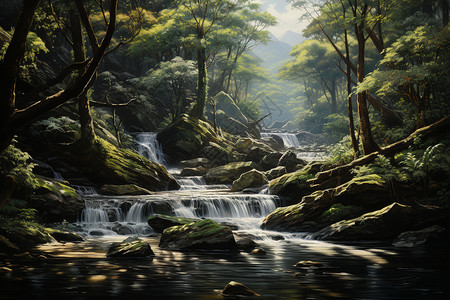 原始森林的水原始森林自然景观插画