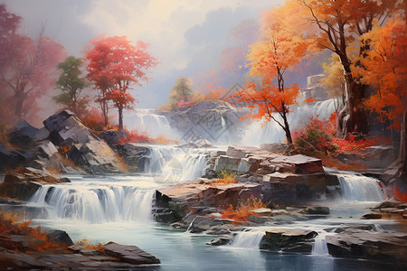 秋季瀑布秋季美丽的森林插画