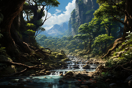 原始森林美丽的风景插画图片