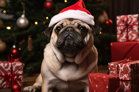 可爱的宠物狗戴着圣诞帽子坐在地上背景图片