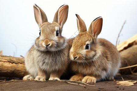 拿着树枝的兔子两只兔子在树枝旁背景