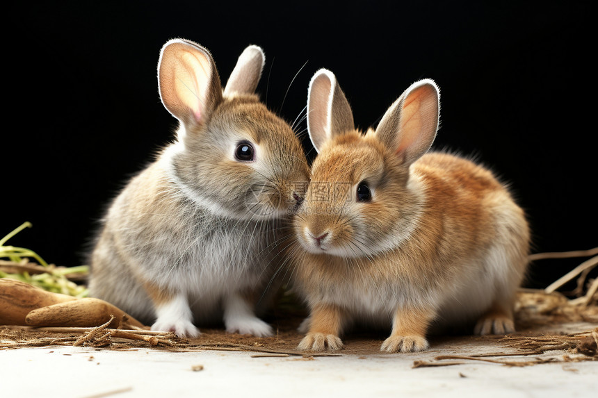 两只兔子坐在铺满干草的地上图片