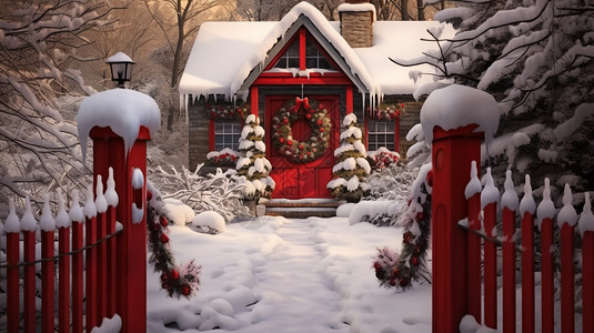 红房子前的红栅栏上的都是雪图片