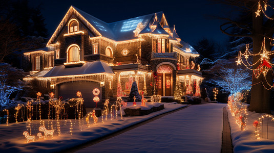 房子在晚上覆盖着圣诞灯和装饰品高清图片