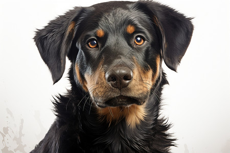 可爱的黑色和棕色狗在白色背景下高清图片