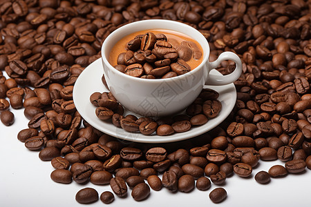 咖啡豆环绕的咖啡图片