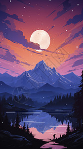 月亮山水山水湖泊和树木的景色插画