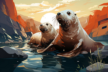 可爱的海豹在水里背景图片