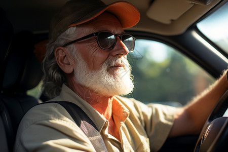 驾驶一辆车带着墨镜开车的白胡子老爷爷背景