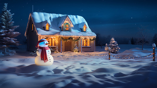 有着灯光的房子前面的雪人图片
