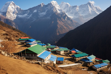 喜马拉雅山脉间的画意村庄背景图片