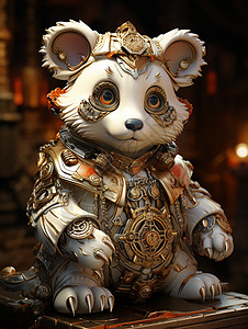 猫雕塑机械白熊猫玩偶：奇幻世界中的蒸汽朋克珍宝设计图片